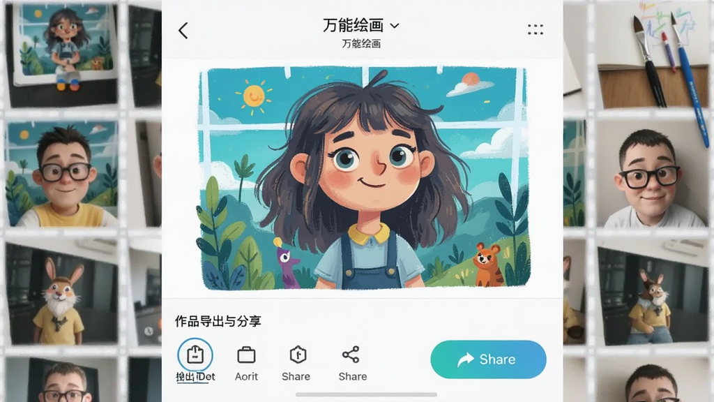 һ��չʾ�����ܻ滭����Ʒ��������������ͼƬ����������һ����ɵĲ�ɫ�廭���·��е�����ʽѡ��ͷ�����ť���������ֻ������棬�����������죬�����������޶���Ԫ�ء�