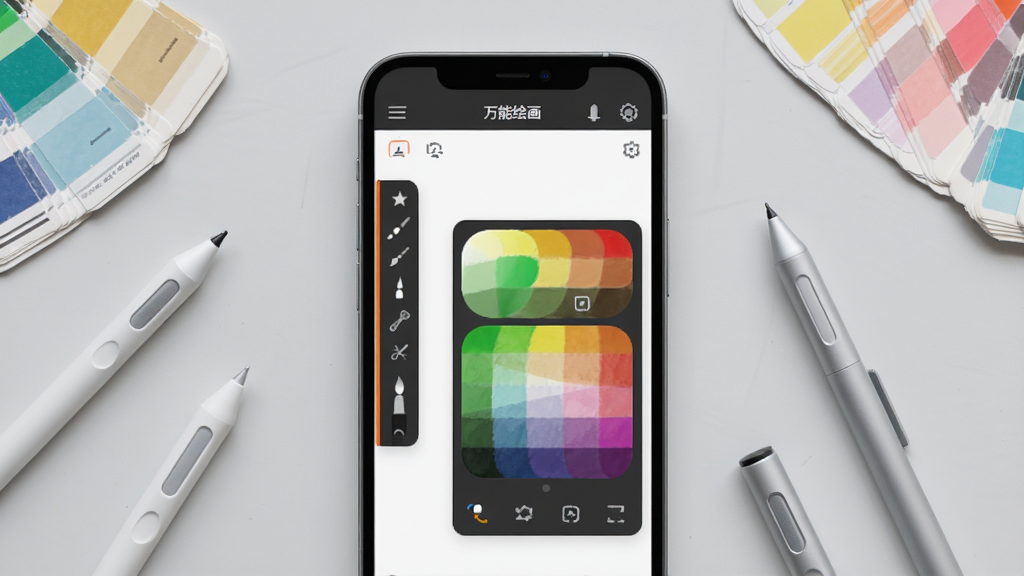 һ��չʾ�����ܻ滭��App���Ľ�����ֻ�Ч��ͼ�������������ֻ���Ļ����Ļ����ʾ�滭�������棬�л��ʹ�������ɫ���̣������Ǽ���ǳ��ɫ����̨���ֻ���Χɢ���ż�֧���رʺ�ɫ������������ִ���ϸ�ڸɾ��������������޶���Ԫ�ء�