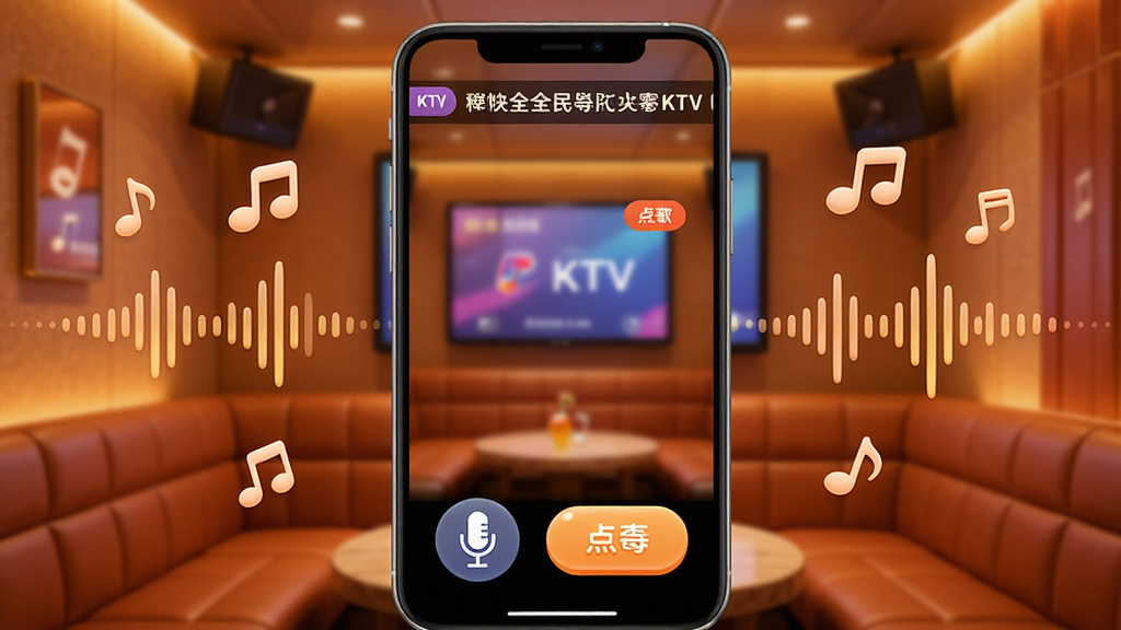 �ֻ���Ļ����չʾ������������ȫ�񳪸�KTV�ĳ�����棬�Ϸ��и�ʹ��������·�����˷�ͼ��͵�谴ť����������ܰ��ůɫ��KTV�����Χ����ΧƯ�����������������������ּ�����ˣ�������ɻ��ã�ϸ��Բ�󣬻��ʸɾ����޶���Ԫ��