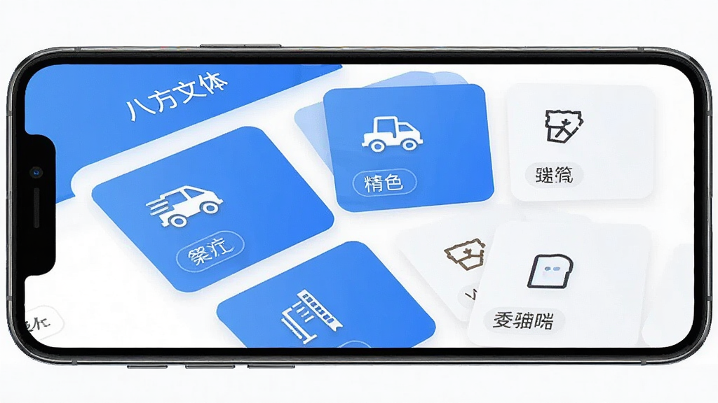 一张AI生成的手机应用功能展示图,画面中一部手机屏幕显示“八方文体”应用界面,界面内呈现多个功能模块卡片整齐排列,有文字图标和分类标签,整体布局清晰,风格简约现代,蓝白配色,画质干净无多余元素