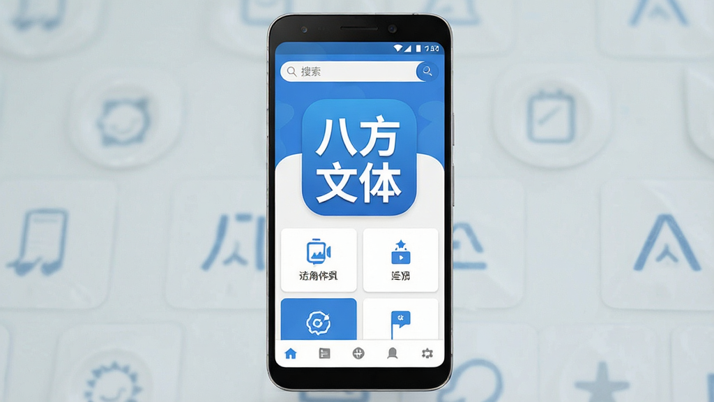 一张手机应用界面展示图,画面中央是一部安卓手机,屏幕上显示着“八方文体”四个大字的APP图标和主界面,界面布局简洁,顶部有搜索栏,中间是功能分类卡片,底部是导航栏,整体风格清爽现代,蓝白配色为主,画质干净清晰,无多余装饰元素