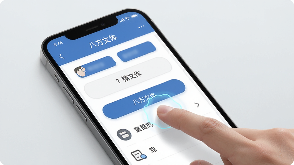 一张AI生成的手机应用操作界面图,画面中一部手机显示“八方文体”应用内页,界面上有清晰的按钮和列表选项,手指正在点击其中一个功能按钮,周围有轻微的光效提示操作反馈,整体风格现代扁平,画质干净清晰