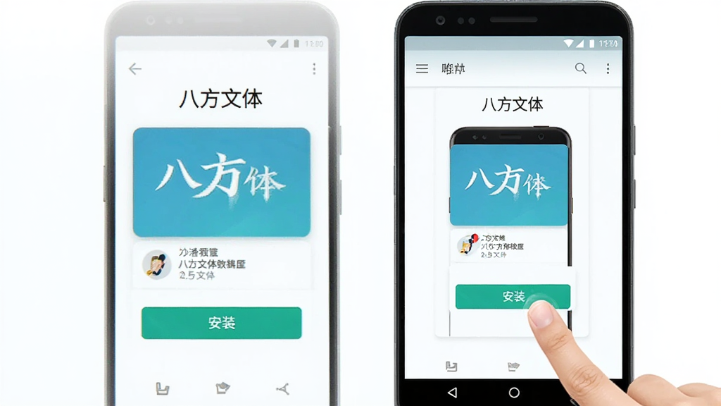 一张AI生成的手机应用安装步骤示意图,画面中一部安卓手机屏幕显示“八方文体”安装界面,旁边有手指点击“安装”按钮的动作,界面简洁清晰,背景干净,风格现代,画质明亮无多余元素