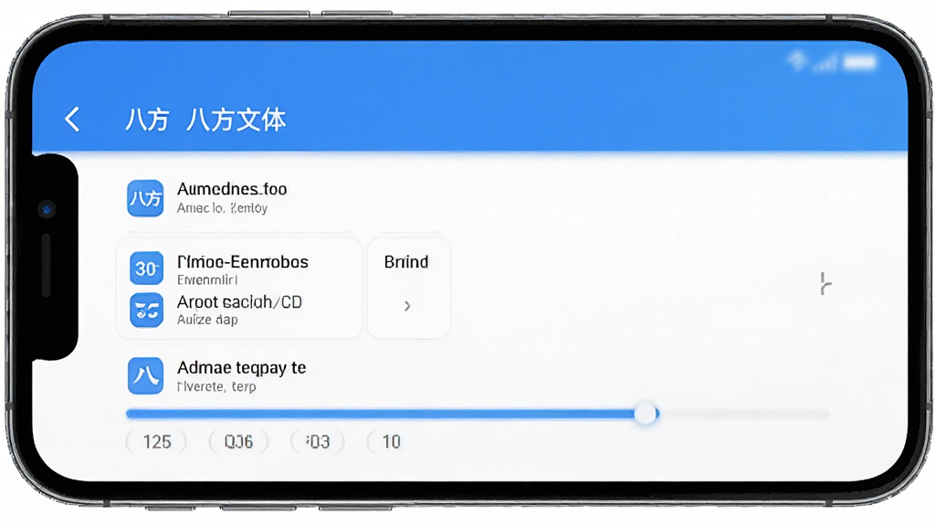 一张AI生成的手机应用更新界面图,画面中一部手机屏幕显示“八方文体”应用的版本更新日志页面,上面有更新内容列表和进度条,界面风格简洁,蓝白配色,画质干净,无多余元素