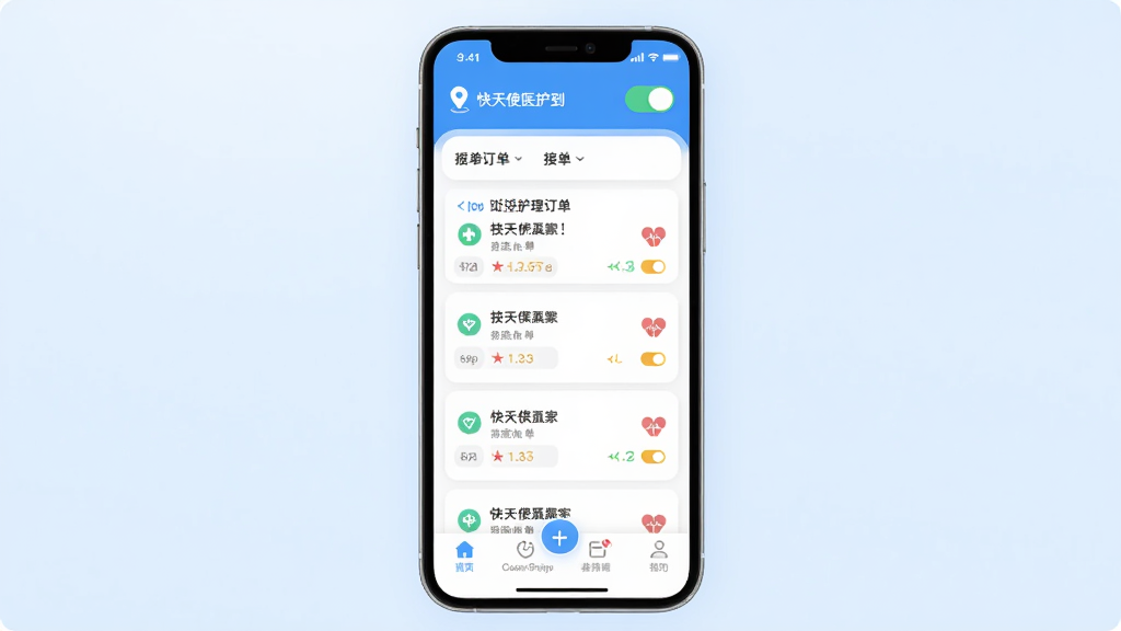 医护到家-快天使医护到家医护版App主界面展示,画面中央是手机屏幕,屏幕内显示附近护理订单列表,顶部有定位和接单开关,底部导航栏清晰,背景是干净的浅蓝色渐变,风格现代扁平,细节圆润,画质干净无多余元素