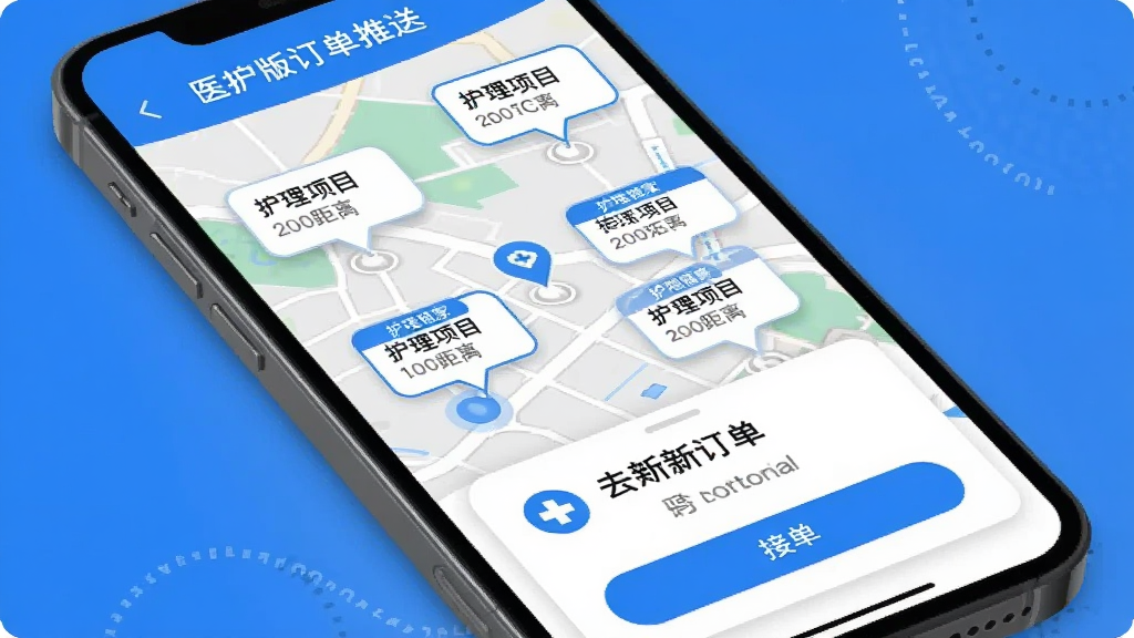 医护到家-快天使医护到家医护版订单推送界面,手机屏幕显示地图上分布着多个订单气泡,每个气泡标注护理项目和距离,底部弹出新订单卡片带有接单按钮,整体配色以蓝白为主,风格简洁明快,画质清晰干净