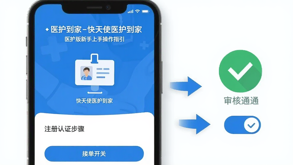 医护到家-快天使医护到家医护版新手上手操作指引,手机屏幕显示注册认证步骤,画面中有证件上传图标和审核通过标识,旁边有箭头引导到接单开关,风格扁平化,配色蓝白,画质干净清晰