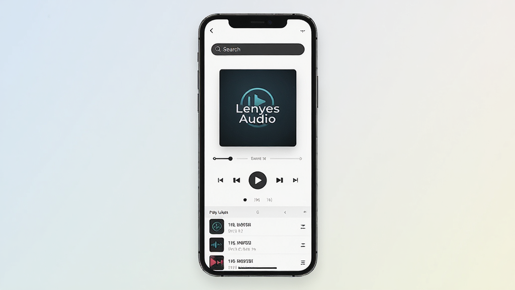 һ��չʾLenyes Audio�������Ľ����ͼƬ������������һ�������ֻ����ֻ���Ļ����ʾ��Lenyes Audio�Ĳ��������棬���������������м���ר������Ͳ��ſ��ư�ť���ײ��ǲ����б������岼������������ִ���Լ��������ǳɫ���䣬���ʸɾ��޶���Ԫ�أ�ͼƬ�����ְ���