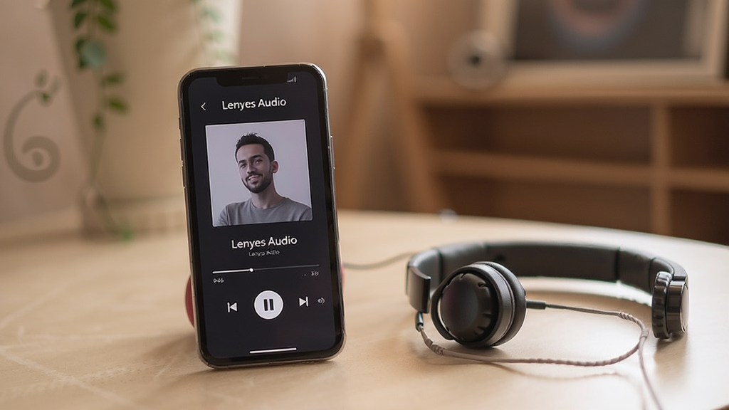һ��չʾLenyes Audio���ֻ��ϲ������ֵĳ���ͼ��������һ���ֻ����������ϣ���Ļ��ʾLenyes Audio���Ž��棬�Ա߷���һ����������������ܰ�����ڻ�����������������������Ȼ��ͼƬ�д���