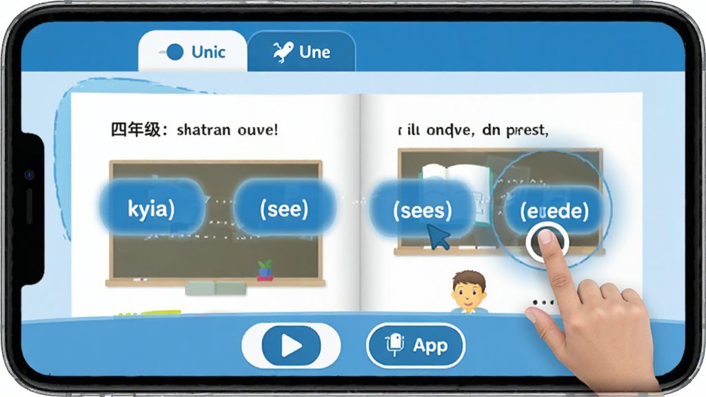 ���꼶Ӣ���ϲ�App�Ŀα�������ܽ����ͼ����ʾ�α�ҳ��͵�����ʺ�ķ�������Ч���������࣬����ɫ�Ͱ�ɫΪ��ɫ���������е�Ԫ�л���ǩ���ײ��в��ź͸�����ť����������������ִ�