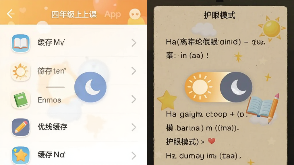���꼶Ӣ���ϲ�App�����߻���ͻ���ģʽ���棬�����ʾ�������ҳ�棬�Ҳ���ʾ����ģʽ�µ��׻�ɫ��������ҳ�棬��̫��������ͼ���л�����������ܰ�����ʸɾ�