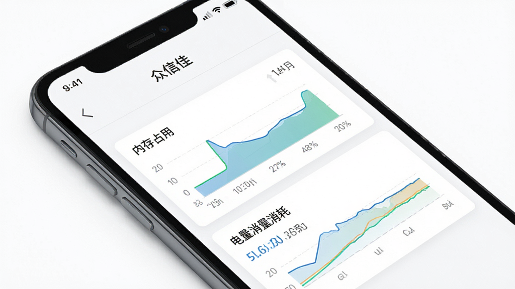 手机屏幕显示“众信佳”应用占用资源监控界面,界面中有内存占用和电量消耗的简约图表,背景为白色,风格商务简洁,画质清晰无杂乱元素