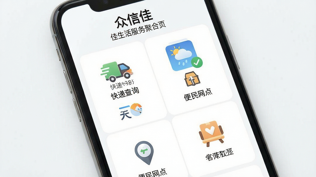 手机屏幕显示“众信佳”生活服务聚合页面,页面内整齐排列着快递查询、天气、便民网点等图标,布局为两列网格,风格简洁明快,画质清晰干净