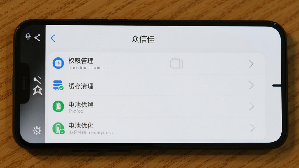 手机屏幕展示“众信佳”设置页面,页面中有权限管理、缓存清理、电池优化等选项,布局清晰,风格简洁,画质干净