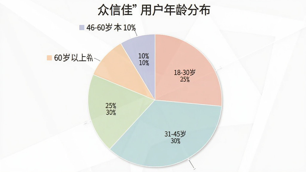 饼状图展示“众信佳”用户年龄分布,18-30岁占比35%,31-45岁占比30%,46-60岁占比25%,60岁以上占比10%,图表配色柔和,数据标签清晰,风格简洁商务