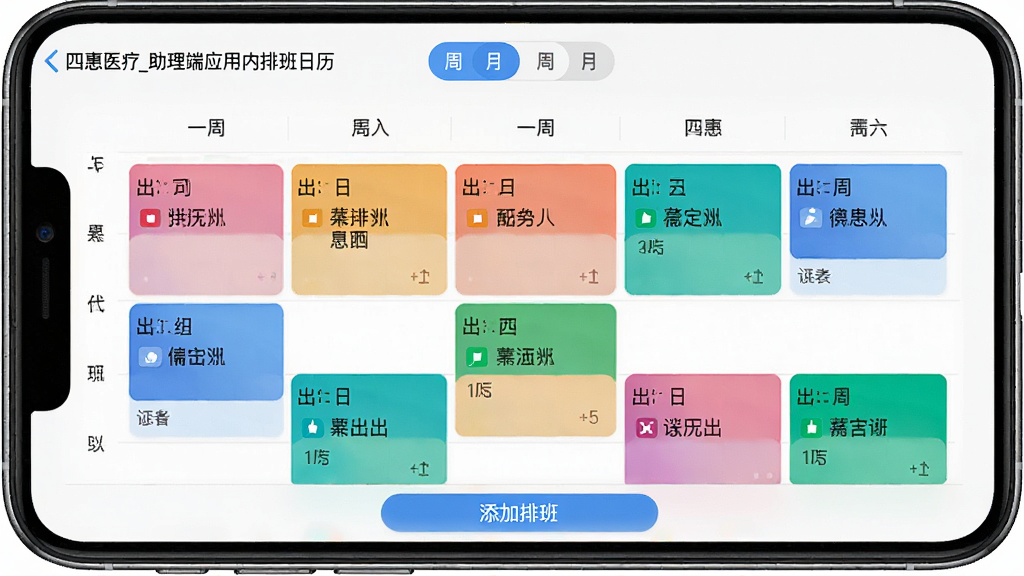 四惠医疗_助理端应用内排班日历界面截图,画面主体为手机屏幕,显示一周排班表,不同颜色色块标注不同医生的出诊时段,顶部有周月切换按钮,底部有添加排班按钮,风格清爽,布局规整,画质清晰,文字标注为中文