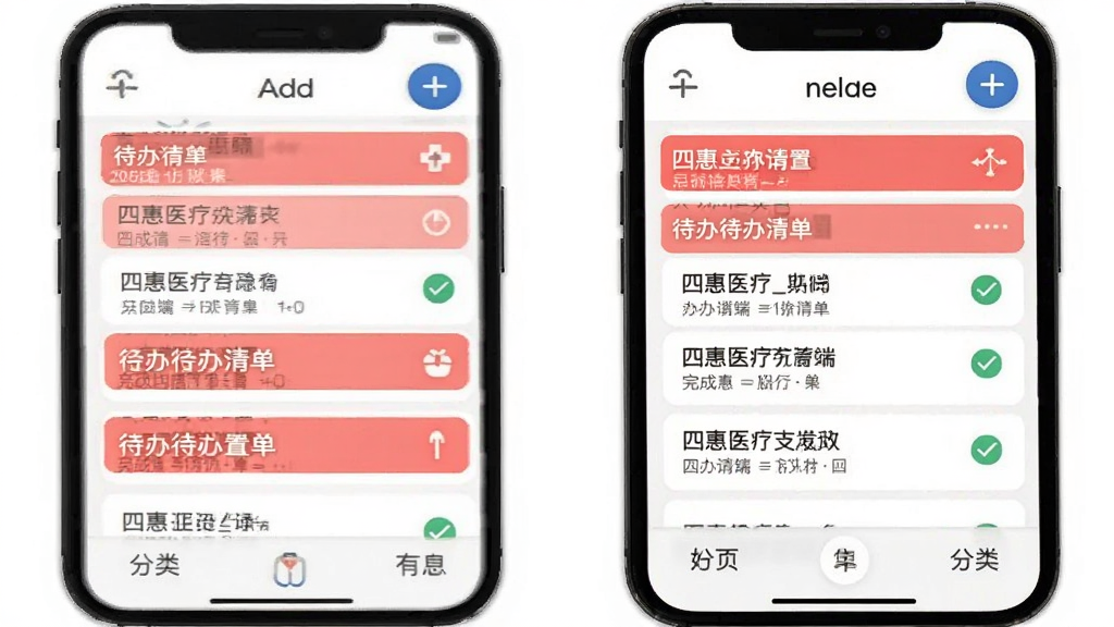 四惠医疗_助理端待办清单功能界面,手机屏幕显示多条待办事项,部分已勾选完成,部分标红置顶,顶部有添加按钮,底部有分类标签,背景为白色,风格极简,文字清晰,画质干净无多余元素