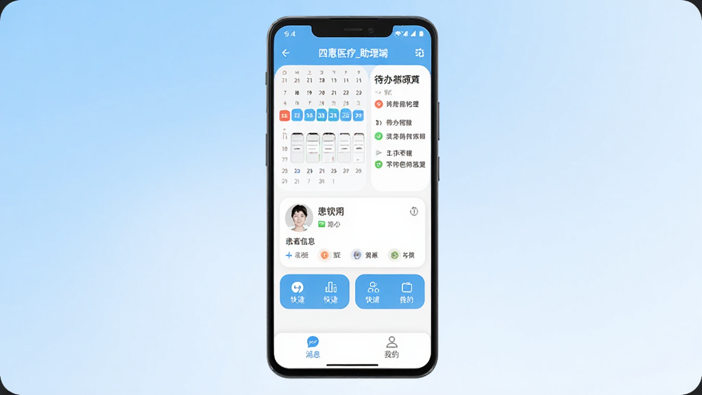 画面中心是一部安卓手机,屏幕显示四惠医疗_助理端的应用主界面,顶部是日历排班视图和待办事项列表,中间是患者信息卡片和快捷功能按钮,底部是消息和我的两个选项卡,背景为浅蓝色渐变,整体布局清晰现代,风格简洁扁平,细节圆润,画质干净,文字清晰无多余元素