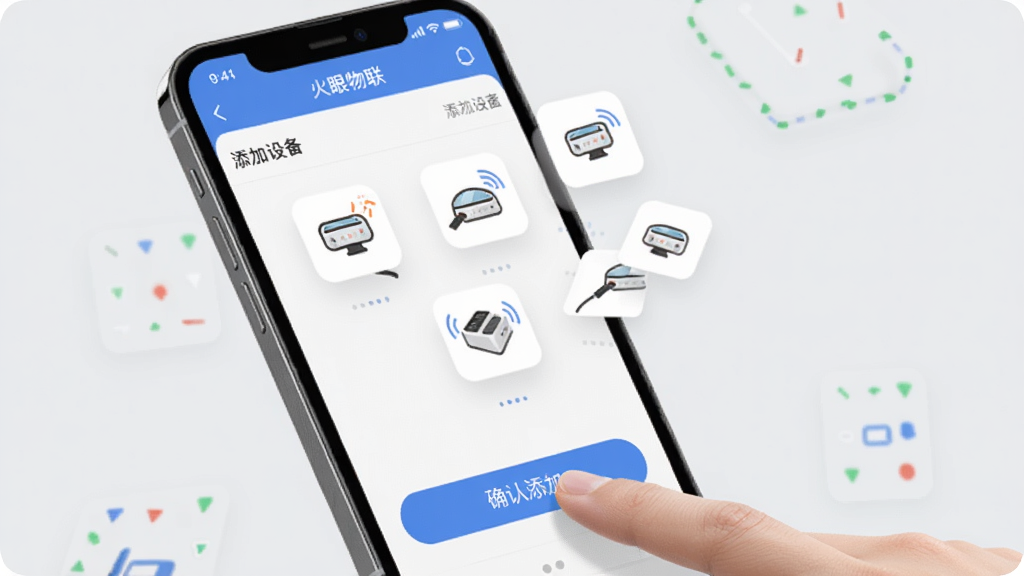 ���������豸���ӽ���չʾ���ֻ���Ļ��ʾ������������App�������豸ҳ�棬�������ж���豸ͼ���Զ����֣�һ����ָ���ڵ����ȷ�����ӡ���ť������Ϊǳ��ɫ����������죬ϸ�����������ʸɾ����޶���Ԫ��