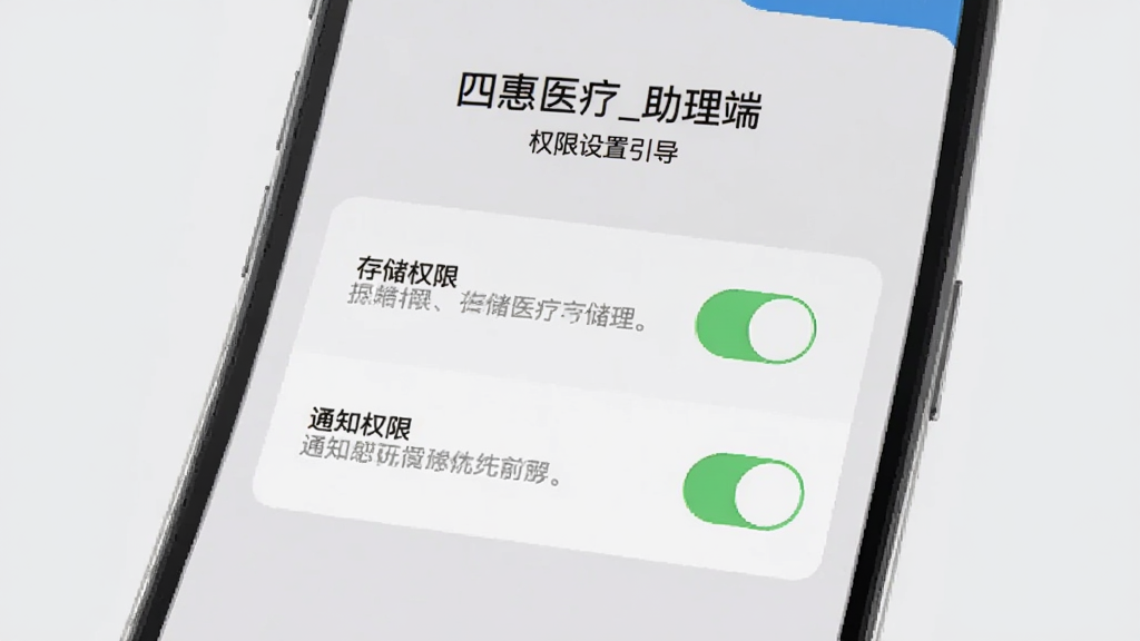 手机屏幕显示四惠医疗_助理端的权限设置引导页面,画面中有存储权限和通知权限的开关按钮,旁边配有文字说明,背景为浅灰色,风格简洁,布局清晰,画质干净,文字为中文