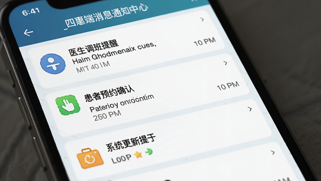 四惠医疗_助理端消息通知中心界面,手机屏幕显示多条通知卡片,包含医生调班提醒、患者预约确认、系统更新提示等,每条通知有对应图标和时间戳,风格统一,排版整齐,画质清晰