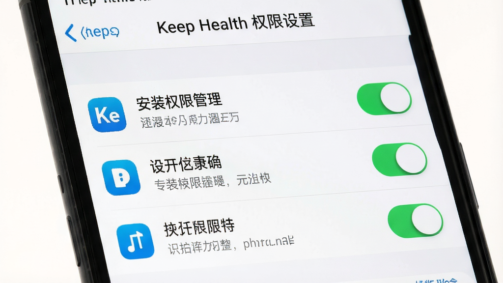 һ��չʾKeep Health��װȨ�����õ��ֻ���ͼ���������ֻ���Ļ��ʾӦ��Ȩ�޹���ҳ�棬����ΪȨ���б��Ϳ��ذ�ť���Ű����������Ϊϵͳԭ�����ý�����ϸ����Ȩ��ͼ�������˵�����������ʸ���ɾ����޶���Ԫ�أ�ͼƬ��������ʾ��Keep Health Ȩ�����á�