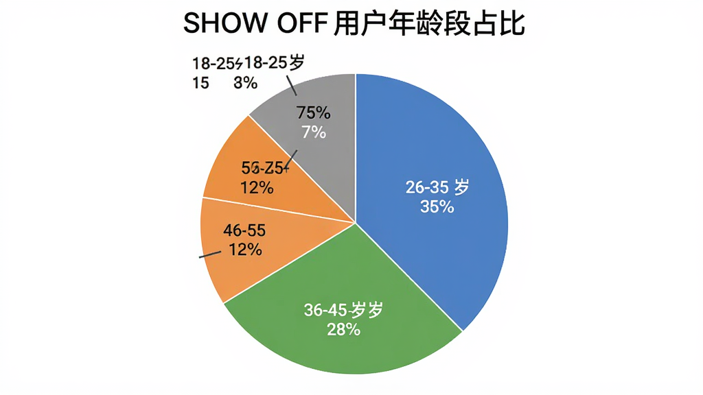 SHOW OFF�û�����ֲ���״ͼ��ͼ������ΪSHOW OFF�û������ռ�ȣ���ͼ��Ϊ���������18-25��ռ35%��26-35��ռ28%��36-45��ռ18%��46-55��ռ12%��55������ռ7%��ÿ��������ɫ��ͬ����ע�ٷֱȣ�����Ϊ��ɫ����������������ʸɾ��޶���Ԫ��