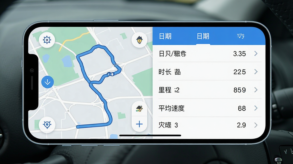 一张展示车速表应用行程记录页面的图片,画面是一台手机横屏显示,屏幕左侧是地图轨迹路线,右侧是行程数据列表,包含日期、时长、里程、平均速度等信息,界面以蓝白配色为主,布局清晰,文字标签明确,整体风格现代扁平,画质干净无多余元素