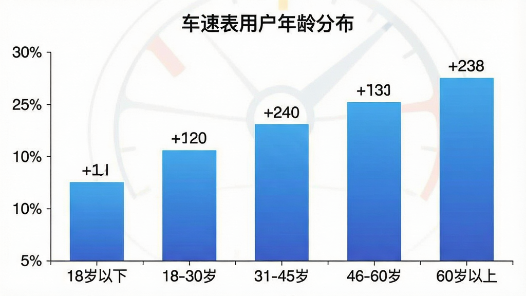 一张展示不同年龄段用户使用车速表应用占比的柱状图,横轴标注年龄段“18岁以下”“18-30岁”“31-45岁”“46-60岁”“60岁以上”,纵轴标注百分比,柱子颜色为蓝色渐变,每个柱子上方标注具体数值,图表标题为“车速表用户年龄分布”,整体风格简洁专业,画质干净,无多余元素