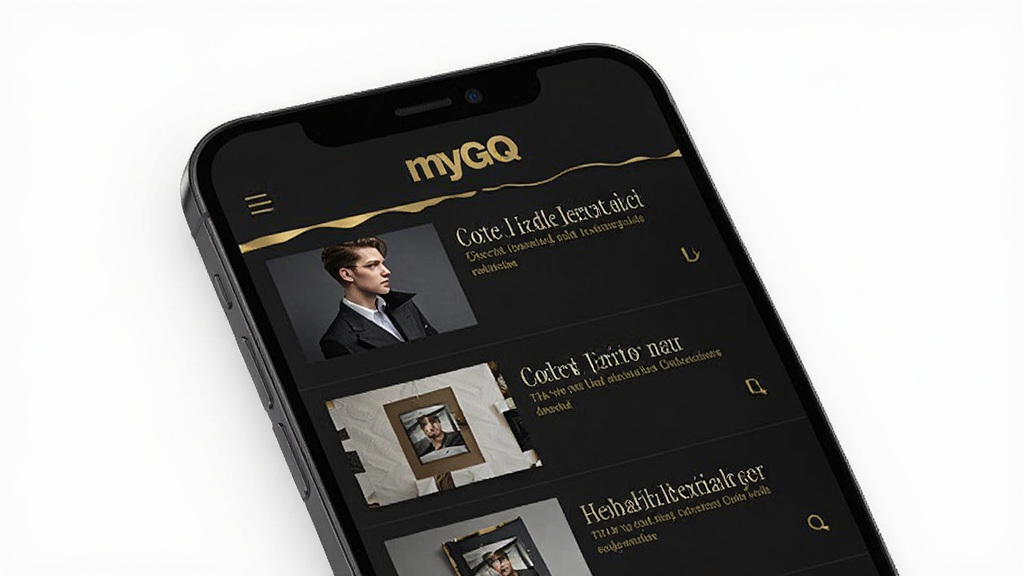 一张展示myGQ收藏功能的界面图,手机屏幕显示收藏列表页面,顶部有“myGQ”标识,列表中展示多篇已收藏文章的缩略图和标题,界面以深色为主,搭配金色点缀,风格现代,布局整齐,画质干净无多余元素
