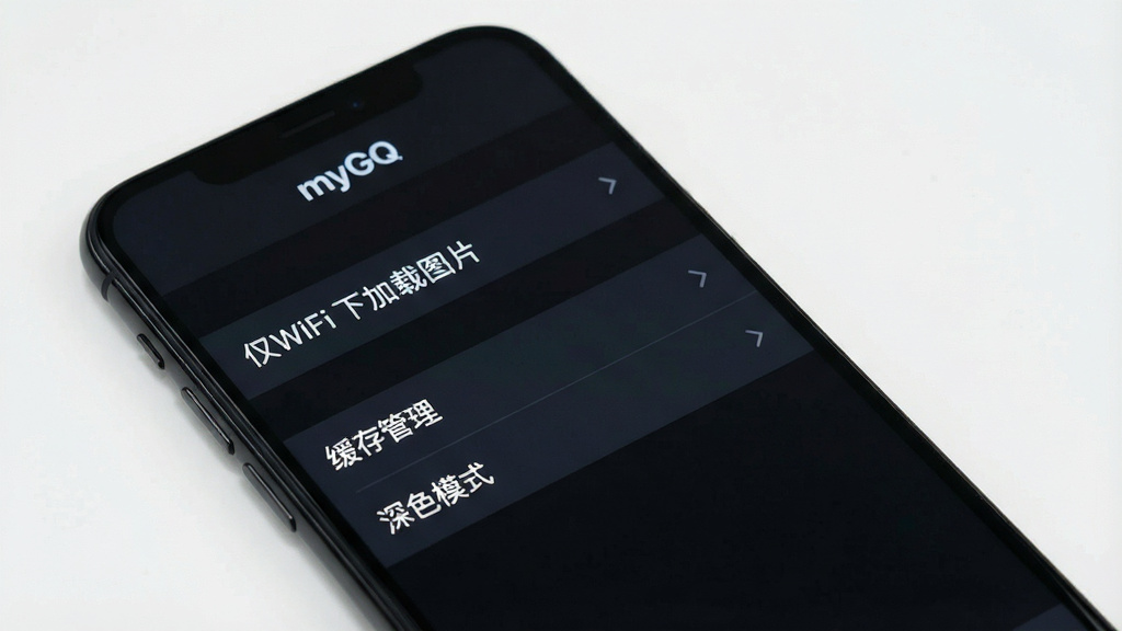 一张展示myGQ设置界面的图片,手机屏幕显示设置菜单,包含“仅WiFi下加载图片”“缓存管理”“深色模式”等选项,顶部有“myGQ”标识,界面以深色为主,文字清晰,布局整齐,风格简约现代,画质干净无多余元素