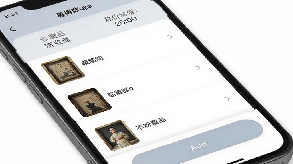 ϲ���ղظ��˲�Ʒ�������棬�ֻ���Ļ��ʾ��Ʒ�б���ÿ����Ʒ��������ͼ�����ƣ����������������ܼ�ֵͳ�ƣ��ײ������Ӱ�ť�����岼����������ɫ��ͣ����ʸɾ��޶���Ԫ��