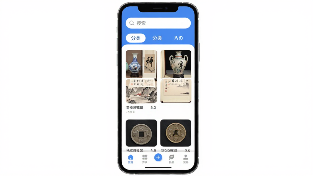 ϲ���ղ�App������չʾ���ֻ���Ļ������ʾ�����ղ��б��������������ֻ���Ǯ�ҵȲ�Ʒ����ͼ���������������ͷ����ǩ���ײ�Ϊ�����˵������岼�ּ��������������ɫ����ƽ����Ʒ��ϸ��Բ�󣬻��ʸɾ��޶���Ԫ��