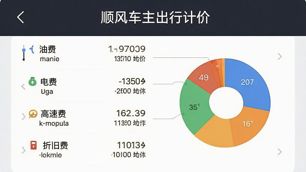 顺风车主出行计价 多维度成本精算功能展示图,主体是手机界面显示油费、电费、高速费、折旧费四项成本明细,布局为纵向列表加饼状图占比,排版左侧数据右侧图表,风格商务简洁,细节数字清晰字体规整,画质干净无多余元素,屏幕中文字显示“顺风车主出行计价”