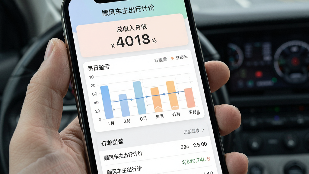 顺风车主出行计价 历史订单复盘界面展示图,主体是手机屏幕显示月度收入支出统计报表,布局顶部为总收入数字,中间是柱状图对比每日盈亏,底部是订单列表,排版整齐信息层级分明,风格清爽数据可视化,细节配色柔和图表清晰,画质干净无多余元素,屏幕中文字显示“顺风车主出行计价”