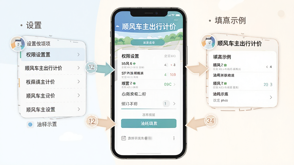 顺风车主出行计价 使用教程示意图,主体是手机屏幕显示权限设置和油耗填写界面,布局左侧为设置选项列表右侧为填写示例,排版分步骤标注1234,风格教学图解清晰明了,细节箭头指示明确配色柔和,画质干净无多余元素,屏幕中文字显示“顺风车主出行计价”