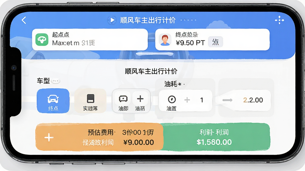 顺风车主出行计价 软件主界面截图,主体是手机屏幕显示计价页面,布局顶部为起点终点输入框,中间是车型选择和油耗设置,底部显示预估费用和利润,排版清晰简洁,风格现代扁平化,细节圆润图标,画质干净无多余元素,屏幕中文字显示“顺风车主出行计价”