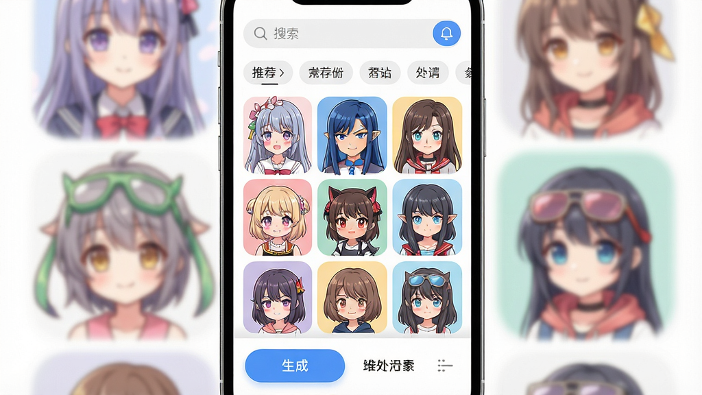 一张手机屏幕显示动漫头像APP主界面的详细生图提示词,主体是一个明亮的手机界面,布局上方是搜索栏和推荐标签,中间是九宫格展示的各种风格动漫头像示例,包括日系、美式、Q版等,下方有生成按钮和分类菜单,排版清晰,风格现代扁平化,细节上图标圆润,色彩活泼,画质高清,干净,无多余元素。
