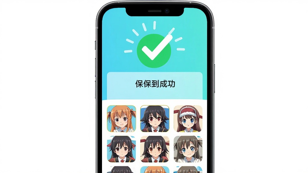 动漫头像APP的保存成功界面,主体是手机屏幕显示多张动漫头像已保存到相册的提示,布局上方是成功打勾的动画,下方是缩略图列表,排版清晰,风格明快,细节上缩略图清晰无水印,画质干净,无多余元素。