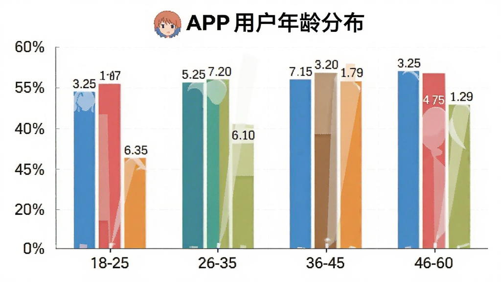 一张柱状图展示动漫头像APP用户年龄分布,主体是清晰的柱状图表,布局横轴为年龄段18-25、26-35、36-45、46-60,纵轴为百分比,排版简洁,风格扁平化数据可视化,细节上柱子颜色区分明显,标注清晰,画质干净,无多余元素。