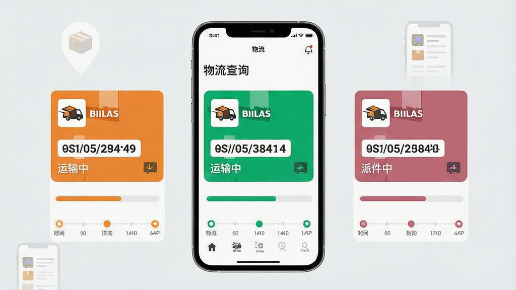 һ��չʾ��������ѯ��APP�����׷�ٹ��ܵĽ���ͼ��������ͬʱ��ʾ������ͬ��ɫ�İ�����Ƭ��ÿ����Ƭ���п�ݹ�˾logo�����ź���λ������״̬���֣���ǩ�ա������С��ɼ��У�����Ƭ�·��н�������ʱ����ڵ㣬����Ϊǳ��ɫ����������������ʸɾ����޶���װ��