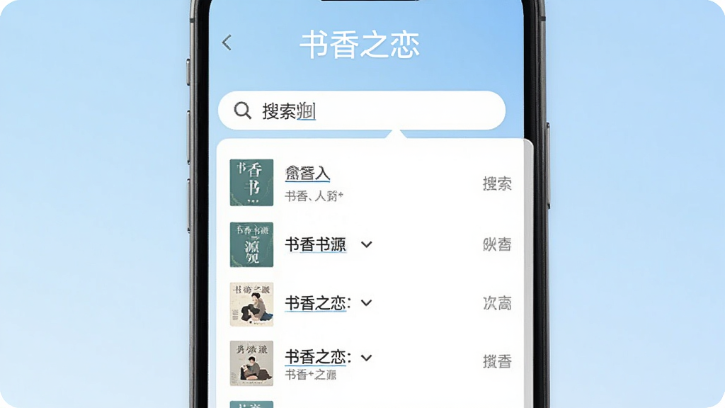 手机界面展示搜索框输入书名后弹出多个书源结果列表,屏幕上方有