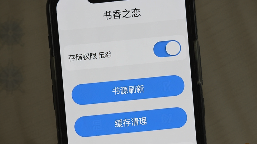 手机屏幕展示设置界面,包含存储权限开关、书源刷新按钮、缓存清理选项,界面顶部有