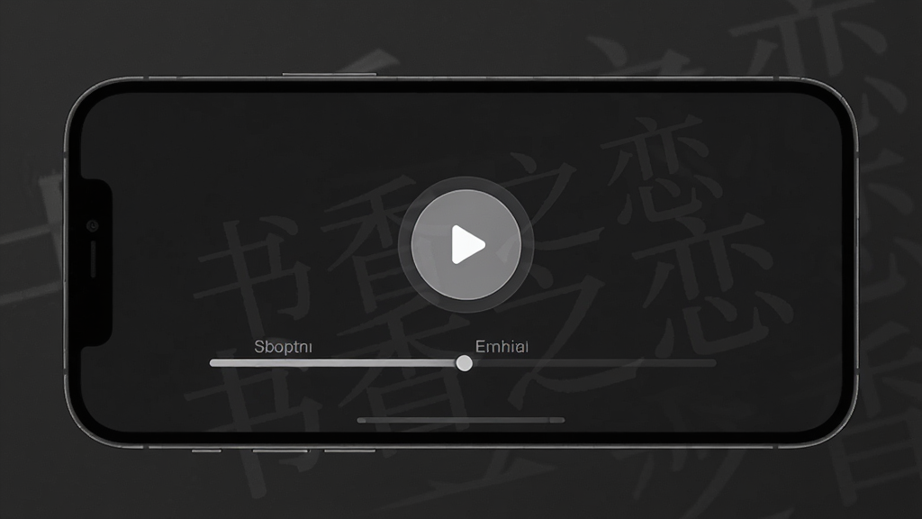 手机横屏展示听书播放界面,中间是圆形播放按钮和章节进度条,背景有