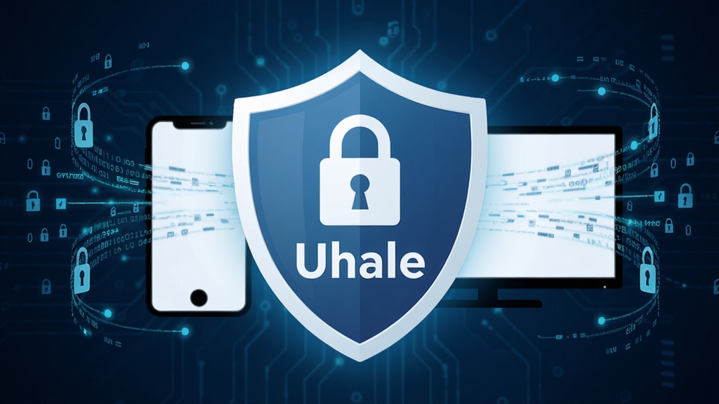 һ��չʾUhale��˽�����밲ȫ���ӹ��ܵ�ͼƬ������������һ����������ͼ��Ķ��ƣ�������д�š�Uhale�����������ƺ������ֻ��͵��ӵ�ͼ�꣬��Χ�����ż��ܵ�����������������������ɫ�ĿƼ��з�񣬹��߾۽��ڶ����ϣ����ʸɾ��������޶���Ԫ�ء�