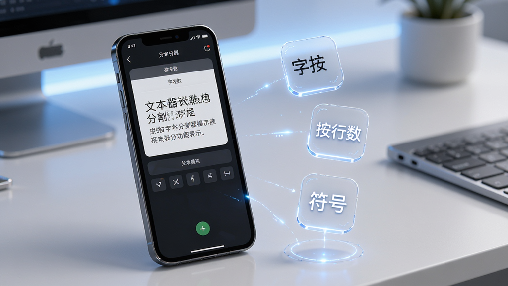 文本分割器功能展示图,画面中一部手机屏幕显示文本分割器的分割模式选择界面,旁边漂浮着按字数、按行数、按符号分割的图标,背景是干净的书桌,风格简洁科技感,细节清晰,画质明亮无杂乱元素