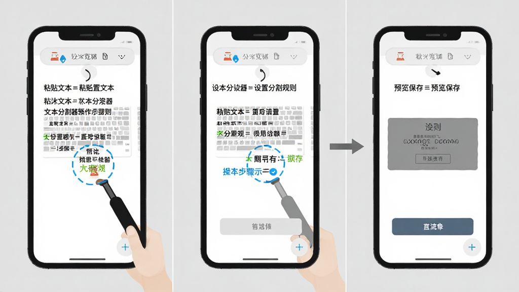 文本分割器操作步骤示意图,手机屏幕显示从粘贴文本到设置分割规则再到预览保存的流程,画面分三格展示,风格扁平化教程插画,文字标注清晰,背景浅灰色,画质干净整洁