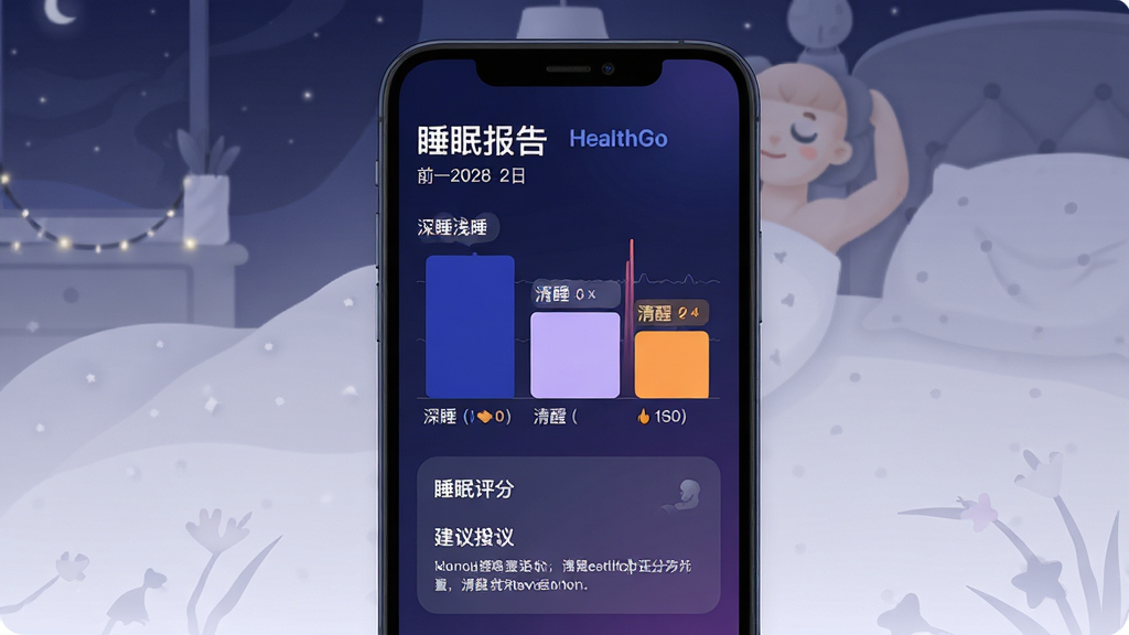 HealthGo ˯�߼�ⱨ��ҳ�棬����Ϊ�ֻ���Ļ��ʾ˯�߷���ͼ������Ļ�Ϸ���ʾ