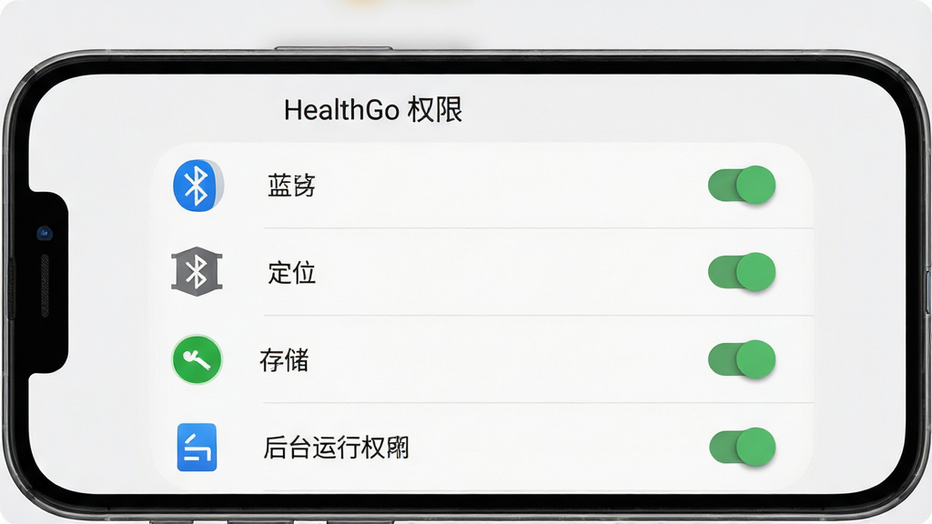 HealthGo �ֻ�����Ȩ�޽��棬����Ϊ�ֻ���Ļ��ʾӦ��Ȩ�޹���ҳ�棬��Ļ�Ϸ���ʾ
