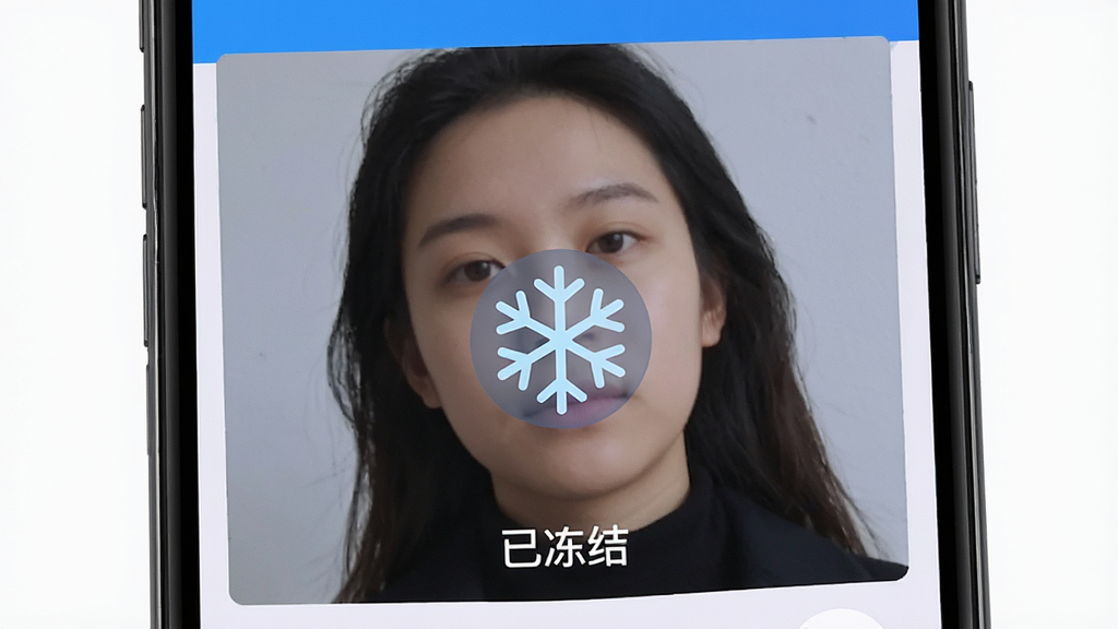 一张手机屏幕截图风格图片,展示口袋镜子App的冻结功能界面,画面中手机屏幕显示定格的人像画面,屏幕中央有一个雪花形状的冻结图标,底部有“已冻结”文字提示,界面简洁,蓝白配色,风格清爽,画质高清,无多余元素
